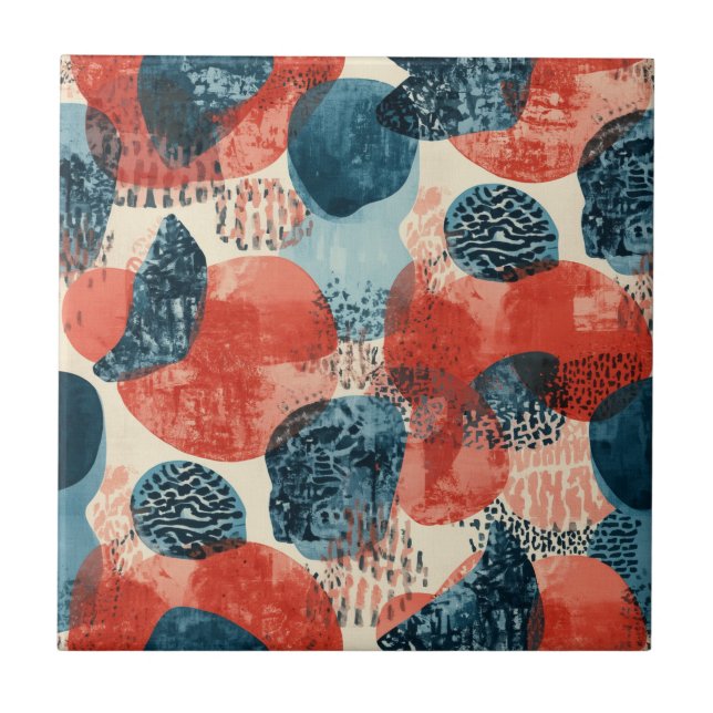 abstract modern geometric Coral and Blue Tile (Front)