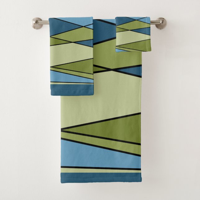 Abstract modern geometric shapes triangles blue gr bath towel set (Insitu)