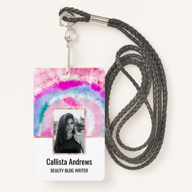 Abstract Modern Girly Pink White Tie Dye Paint Badge (Front with Lanyard)