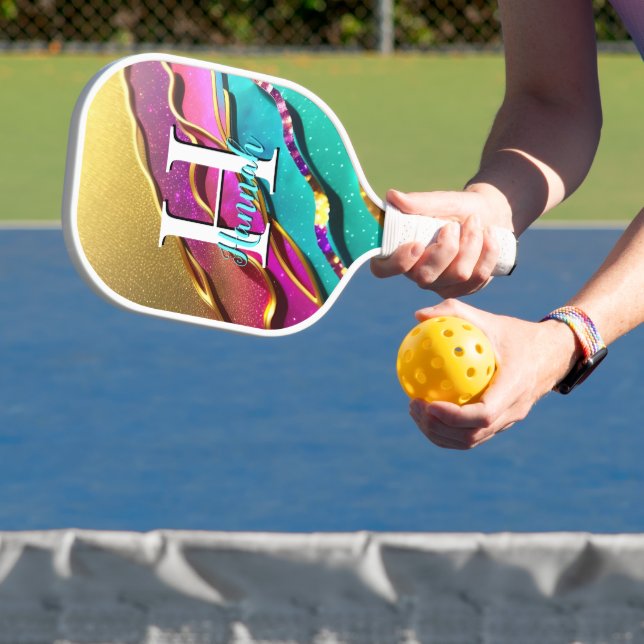Abstract Modern Gold Aqua & Pink Glam Waves Pickleball Paddle (Insitu)