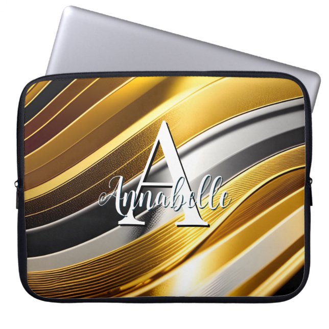 Abstract Modern Gold Silver & Bronze Waves Laptop Sleeve (Front)