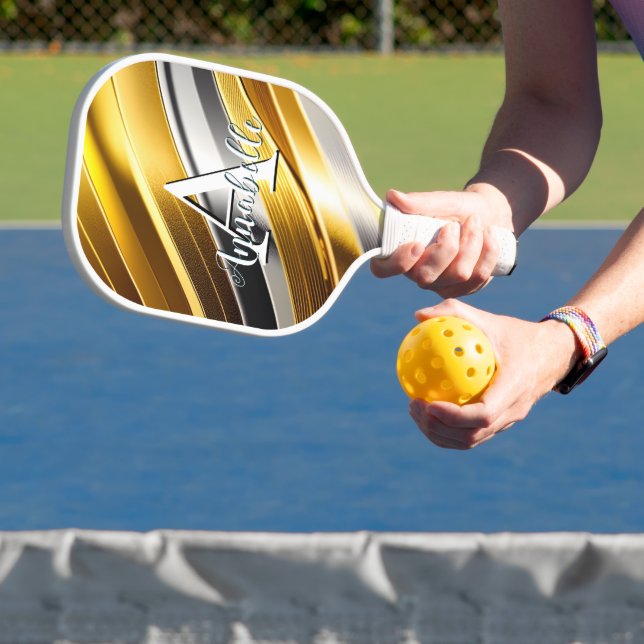 Abstract Modern Gold Silver & Bronze Waves Pickleball Paddle (Insitu)