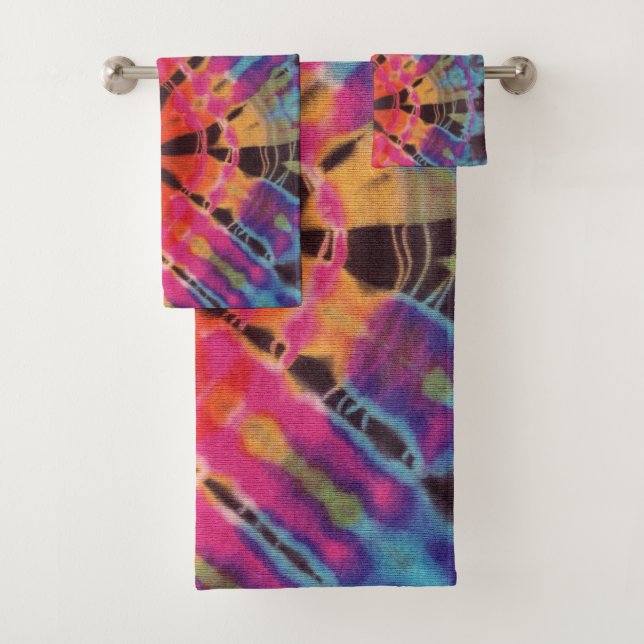 Abstract Modern Hot Pink Blue Black Batik Tie Dye Bath Towel Set (Insitu)