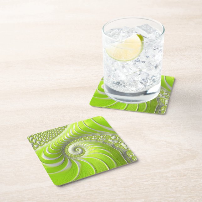 Abstract Modern Lime Green Spiral Fractal Square Paper Coaster (Insitu)