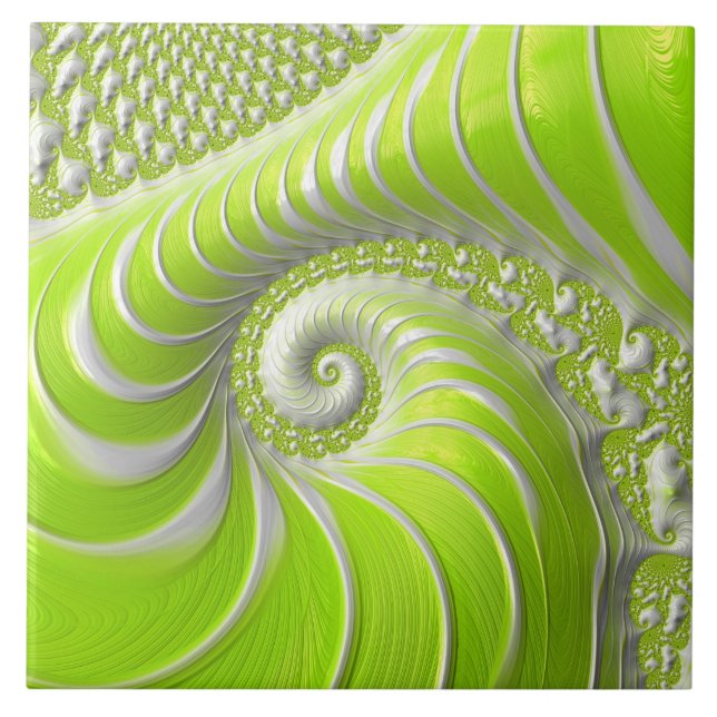 Abstract Modern Lime Green Spiral Fractal Tile (Front)