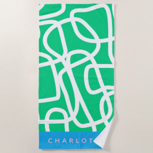 Abstract Modern Line Art in Green Personalized Beach Towel
