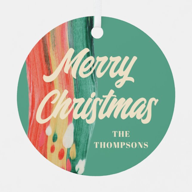 Abstract Modern Merry Christmas Personalized Name Metal Ornament (Front)