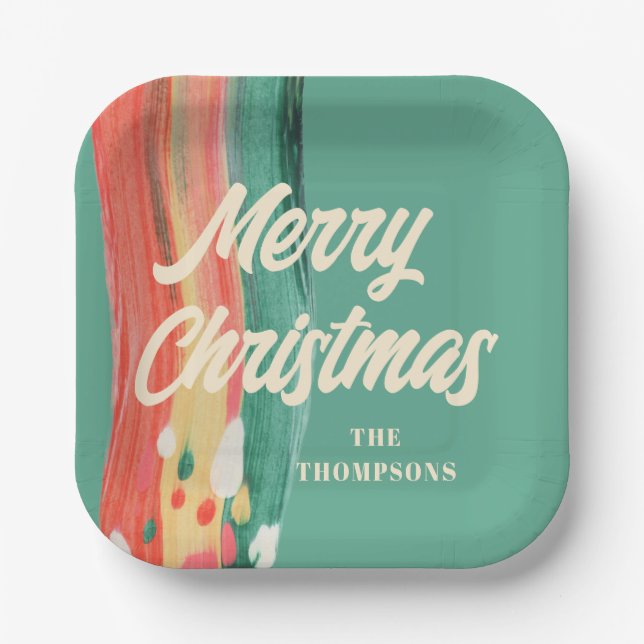 Abstract Modern Merry Christmas Personalized Name Paper Plate (Front)