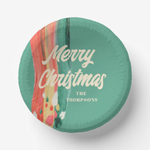 Abstract Modern Merry Christmas Personalized Name Paper Plate