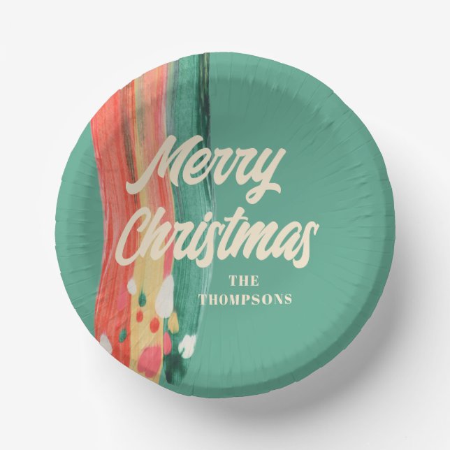 Abstract Modern Merry Christmas Personalized Name Paper Plate (Front)
