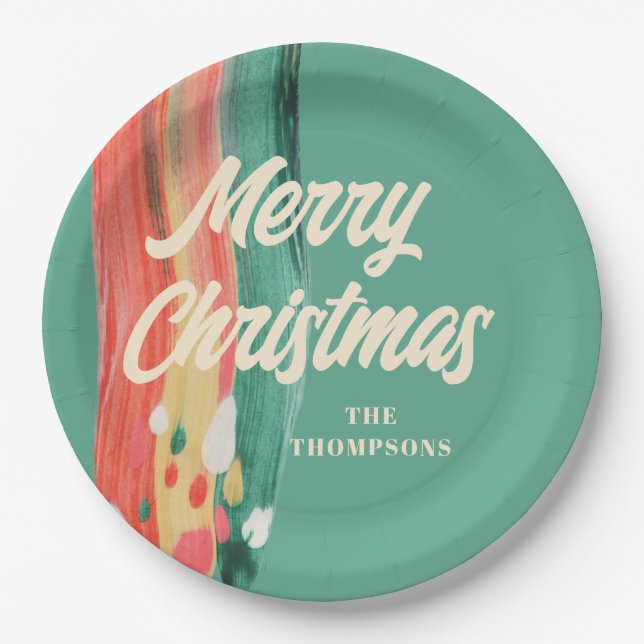 Abstract Modern Merry Christmas Personalized Name Paper Plate (Front)