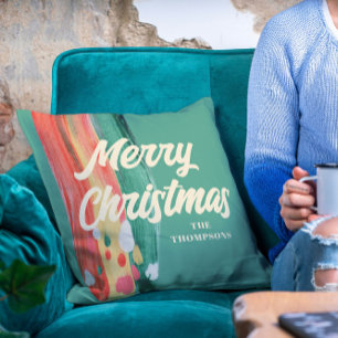 Abstract Modern Merry Christmas Personalized Name Throw Pillow