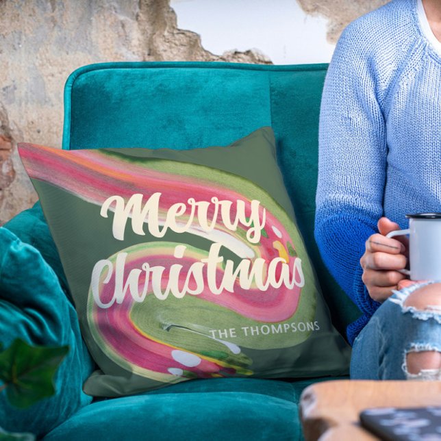 Abstract Modern Merry Christmas Personalized Name Throw Pillow (Creator Uploaded)