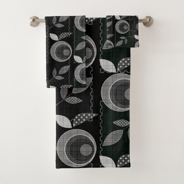 Abstract modern monochrome apple leaves black grey bath towel set (Insitu)