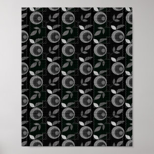Abstract modern monochrome apple leaves black grey poster