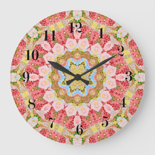 Abstract modern mosaic kaleidoscopic tile pattern large clock (Front)
