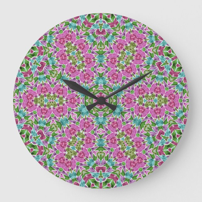 Abstract modern mosaic kaleidoscopic tile pattern large clock (Front)