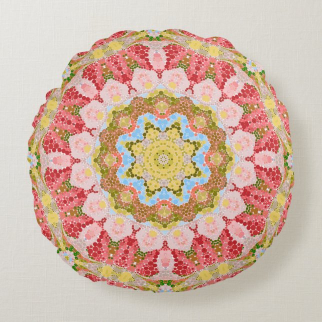 Abstract modern mosaic kaleidoscopic tile pattern round pillow (Front)