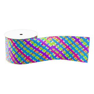 Abstract Modern Multicolor Neon Plaid Pattern Grosgrain Ribbon