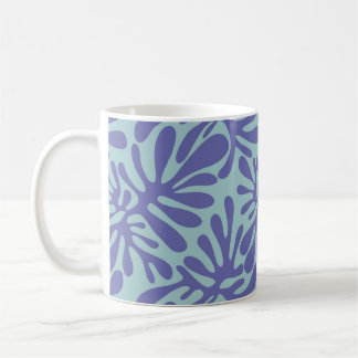 Abstract modern pattern: purple shapes on blue coffee mug