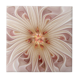 Abstract Modern Peach Pastel Flower Fractal Art Tile