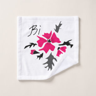 Abstract modern pink flower grey leaves print whit bath towel set