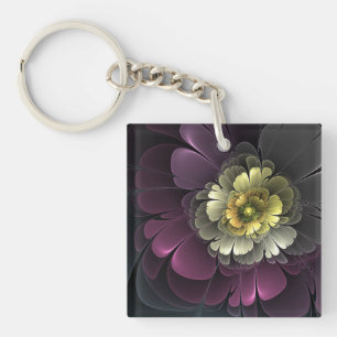 Abstract Modern Purpur Khaki Gray Fractal Flower Keychain