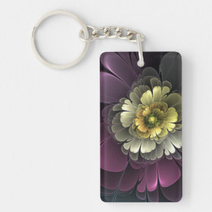 Abstract Modern Purpur Khaki Gray Fractal Flower Keychain