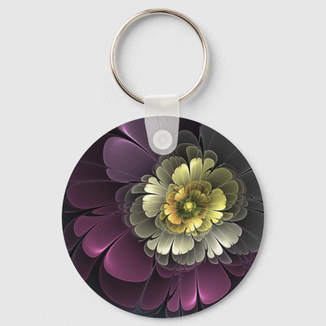 Abstract Modern Purpur Khaki Gray Fractal Flower Keychain (Front)