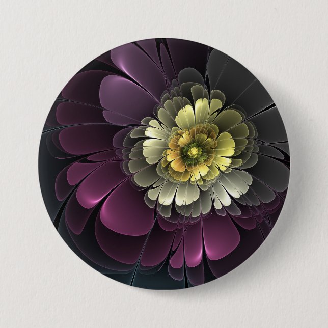 Abstract Modern Purpur Khaki Grey Fractal Flower 3 Inch Round Button (Front)