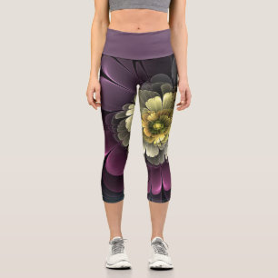 Abstract Modern Purpur Khaki Grey Fractal Flower Capri Leggings