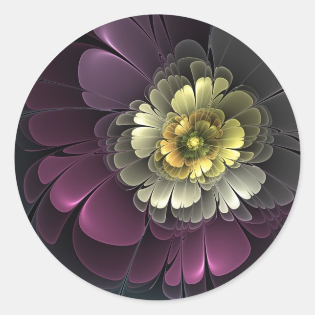 Abstract Modern Purpur Khaki Grey Fractal Flower Classic Round Sticker (Front)