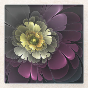 Abstract Modern Purpur Khaki Grey Fractal Flower Glass Coaster