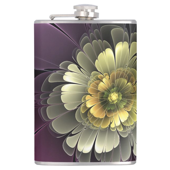 Abstract Modern Purpur Khaki Grey Fractal Flower Hip Flask (Front)