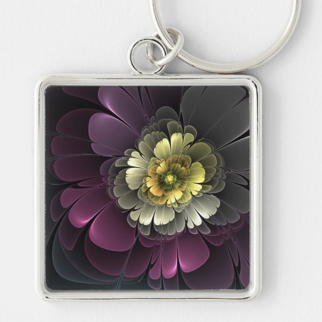 Abstract Modern Purpur Khaki Grey Fractal Flower Keychain (Front)