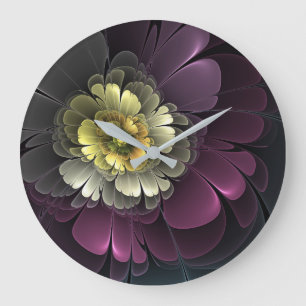 Abstract Modern Purpur Khaki Grey Fractal Flower Large Clock