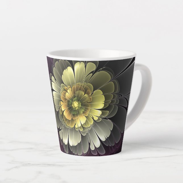 Abstract Modern Purpur Khaki Grey Fractal Flower Latte Mug (Right Angle)