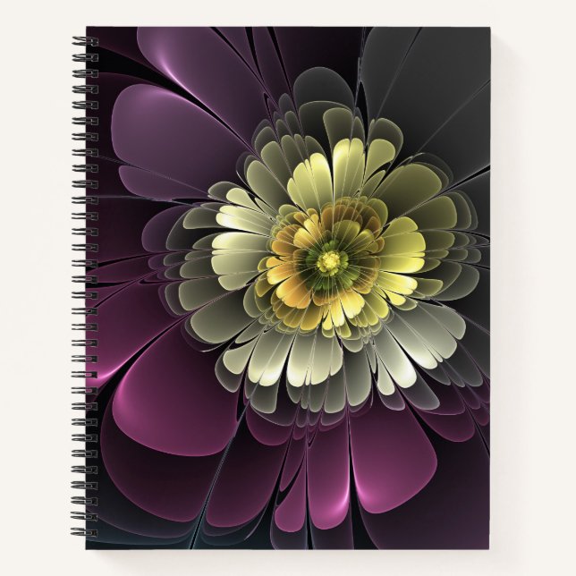 Abstract Modern Purpur Khaki Grey Fractal Flower Notebook (Front)