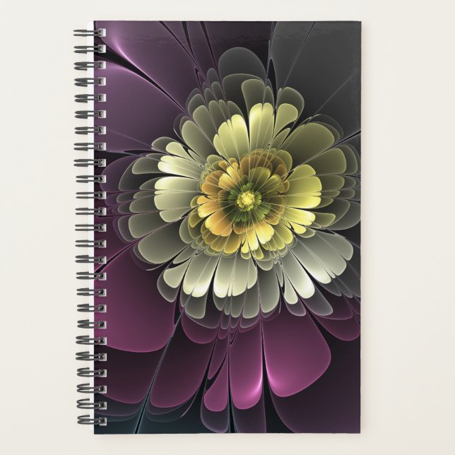 Abstract Modern Purpur Khaki Grey Fractal Flower Planner (Front)