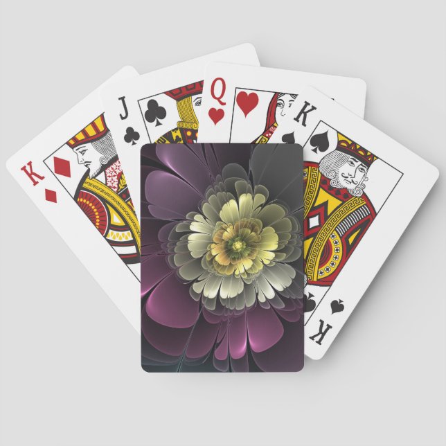 Abstract Modern Purpur Khaki Grey Fractal Flower Playing Cards (Back)