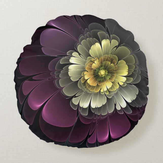 Abstract Modern Purpur Khaki Grey Fractal Flower Round Pillow (Front)