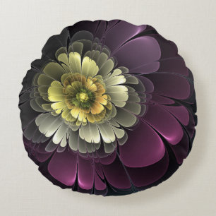 Abstract Modern Purpur Khaki Grey Fractal Flower Round Pillow