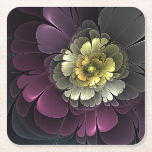 Abstract Modern Purpur Khaki Grey Fractal Flower Square Paper Coaster