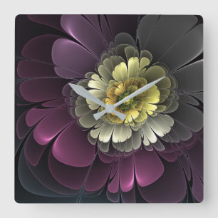 Abstract Modern Purpur Khaki Grey Fractal Flower Square Wall Clock
