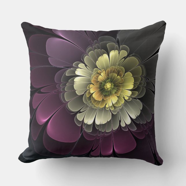 Abstract Modern Purpur Khaki Grey Fractal Flower Throw Pillow (Front)