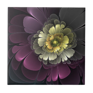 Abstract Modern Purpur Khaki Grey Fractal Flower Tile