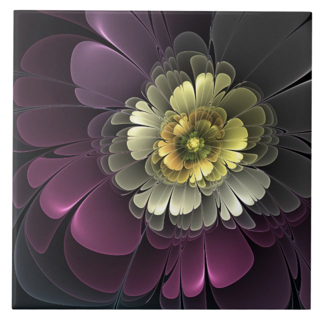 Abstract Modern Purpur Khaki Grey Fractal Flower Tile (Front)