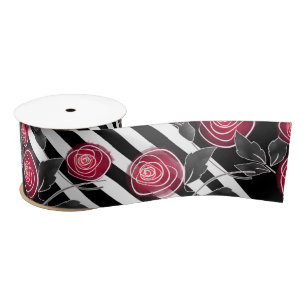 Abstract modern red roses flowers floral striped b satin ribbon