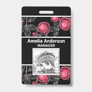 Abstract modern red roses leaves sketched flowers badge