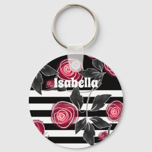 Abstract modern red roses leaves sketched flowers keychain